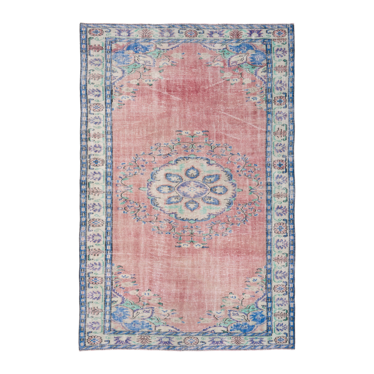 Turkish Manisa area rug in muted pink and denim, 5'11" x 9'1"