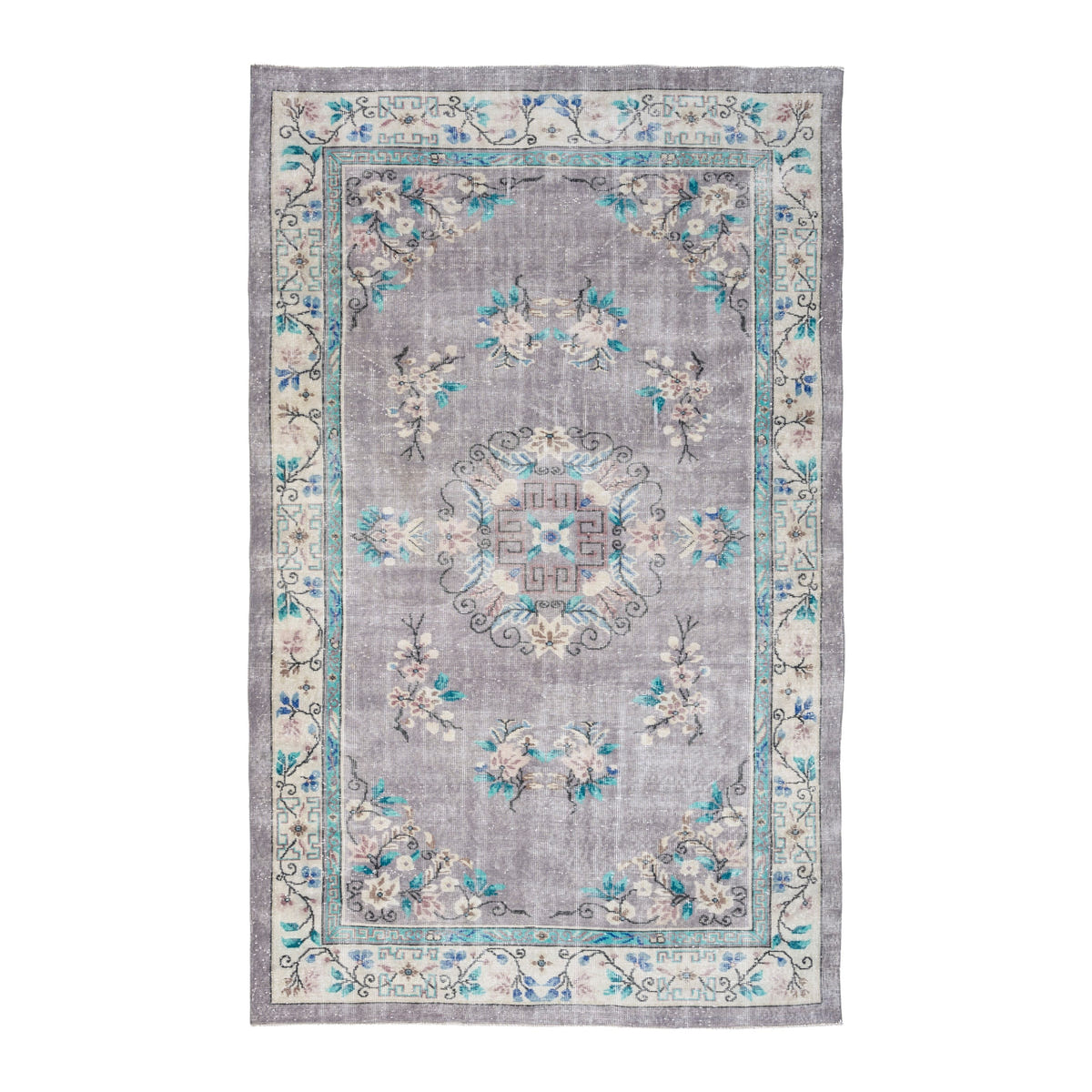 Turkish Isparta area rug in greige and turquoise, 5'10" x 9'4"
