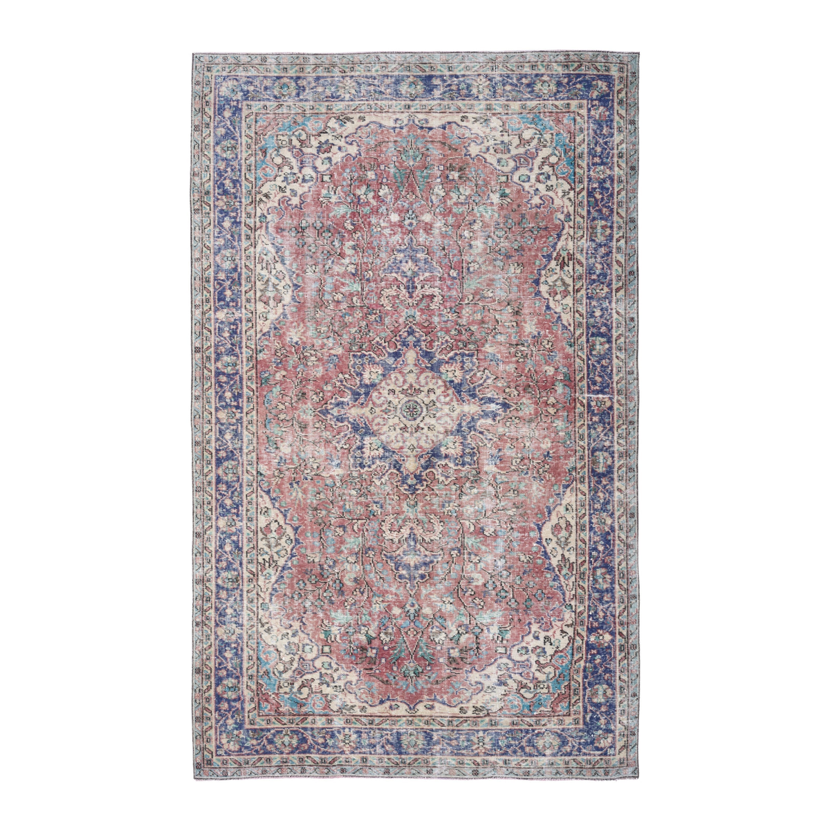 Turkish Isparta area rug in faded red and deep indigo, 5'5" x 8'8"