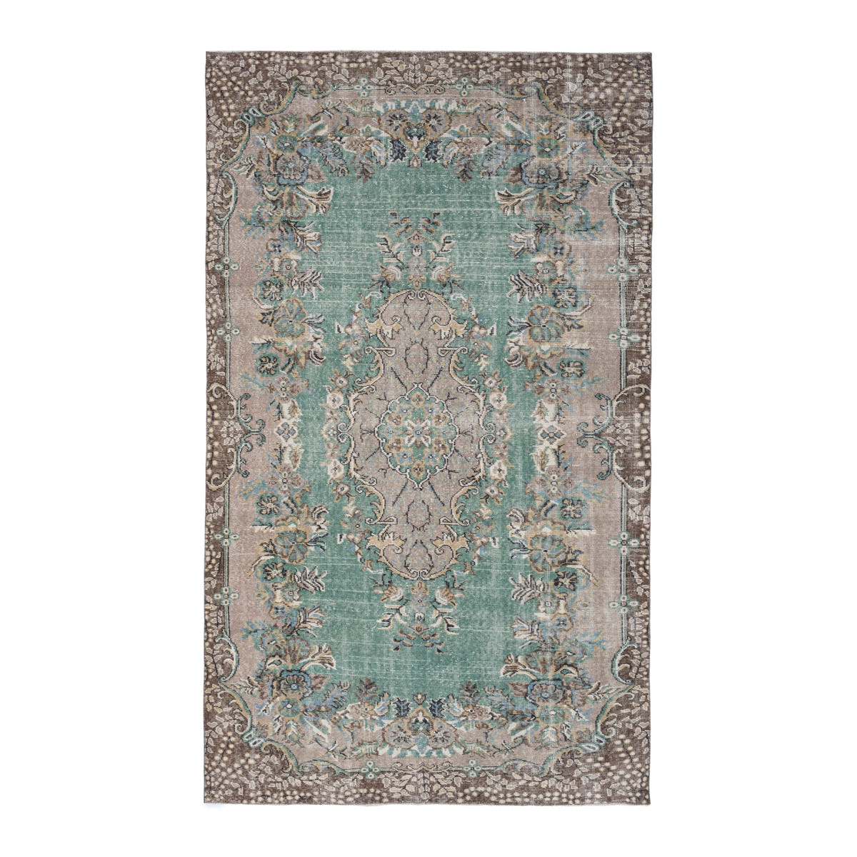 Turkish Isparta area rug in celadon and greige, 5'8" x 9'6"