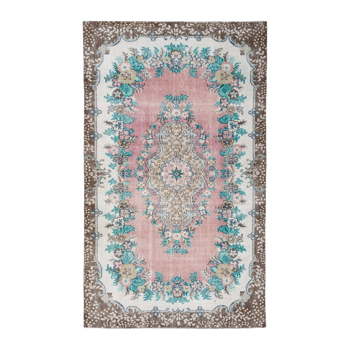 Turkish Isparta area rug in muted pink and turquoise, 5'6" x 9'2"