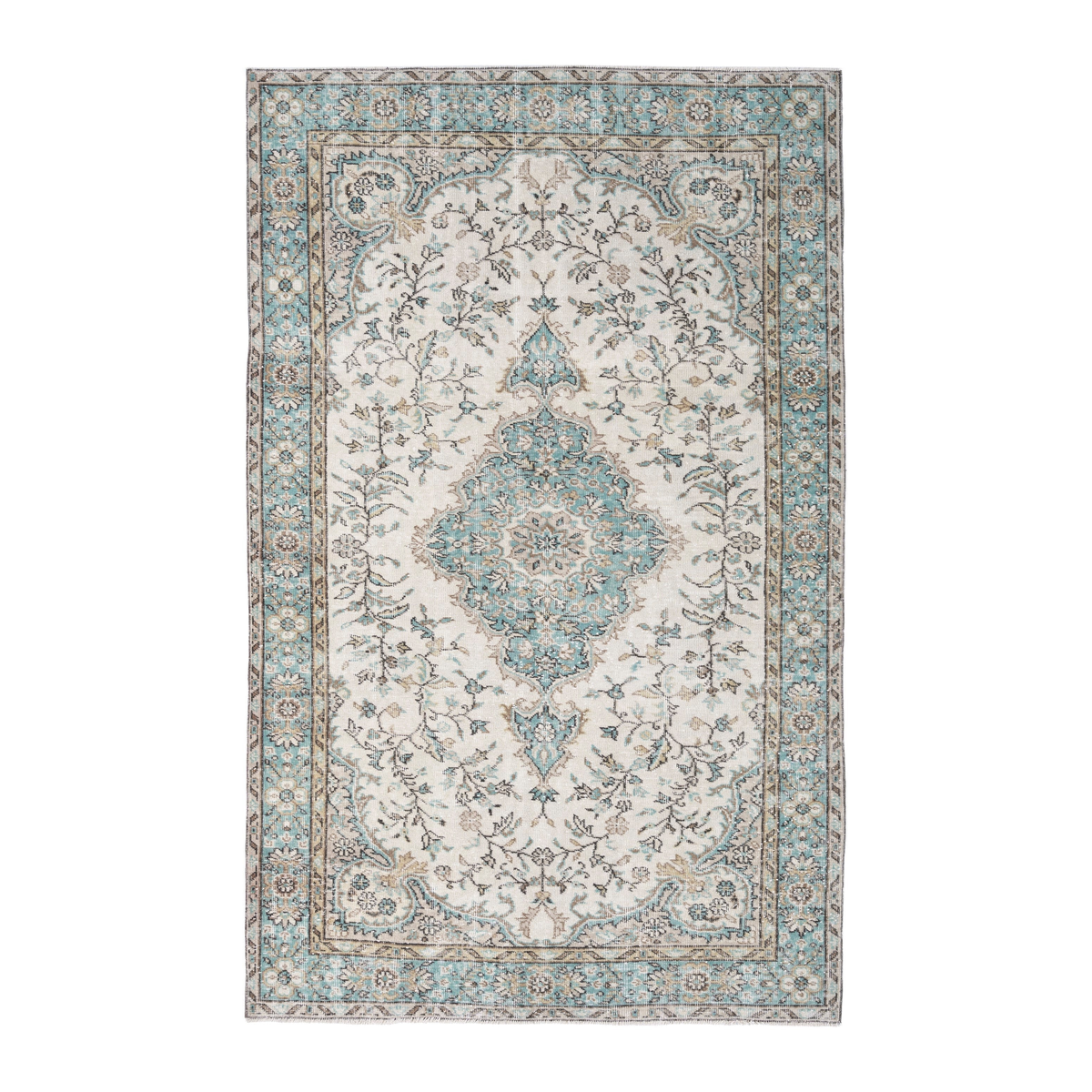 Turkish Isparta area rug in cream and teal, 5'3" x 8'2"