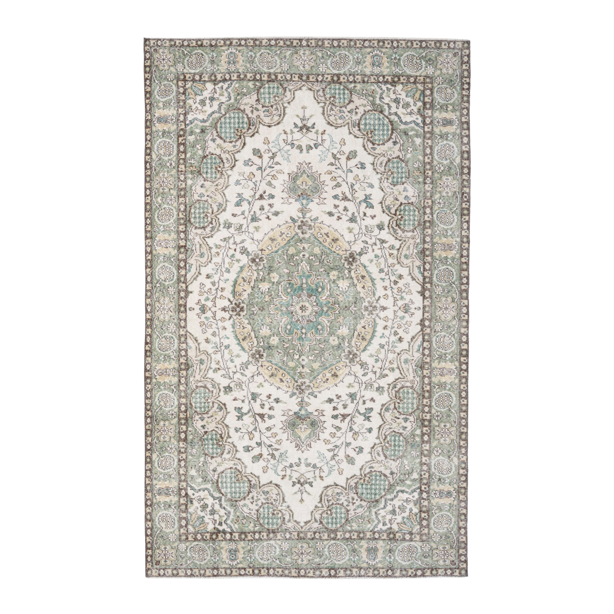 Turkish Isparta area rug in cream and sage, 5'8" x 9'1"