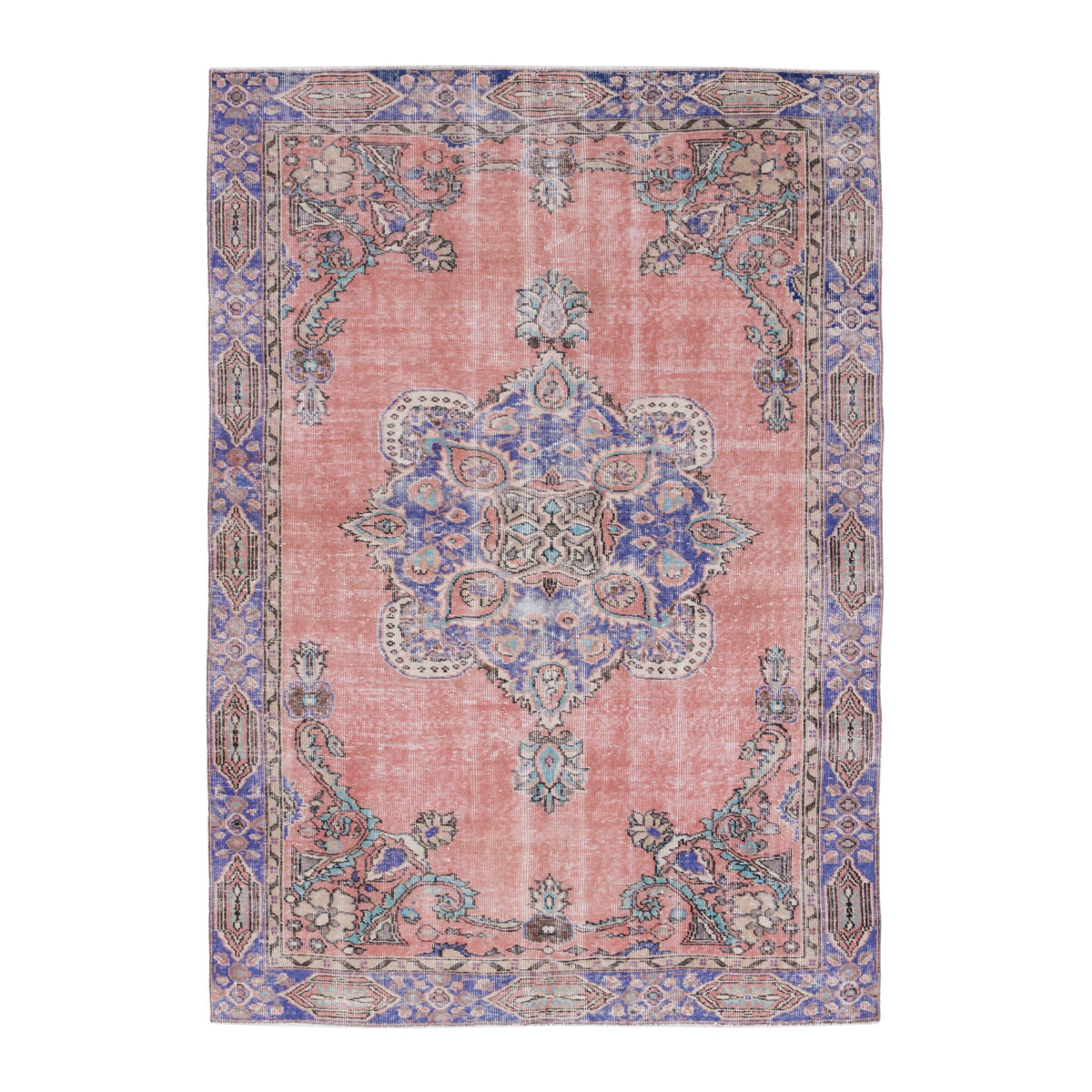 Turkish Isparta area rug in muted pink and slate blue, 5'5" x 7'7"