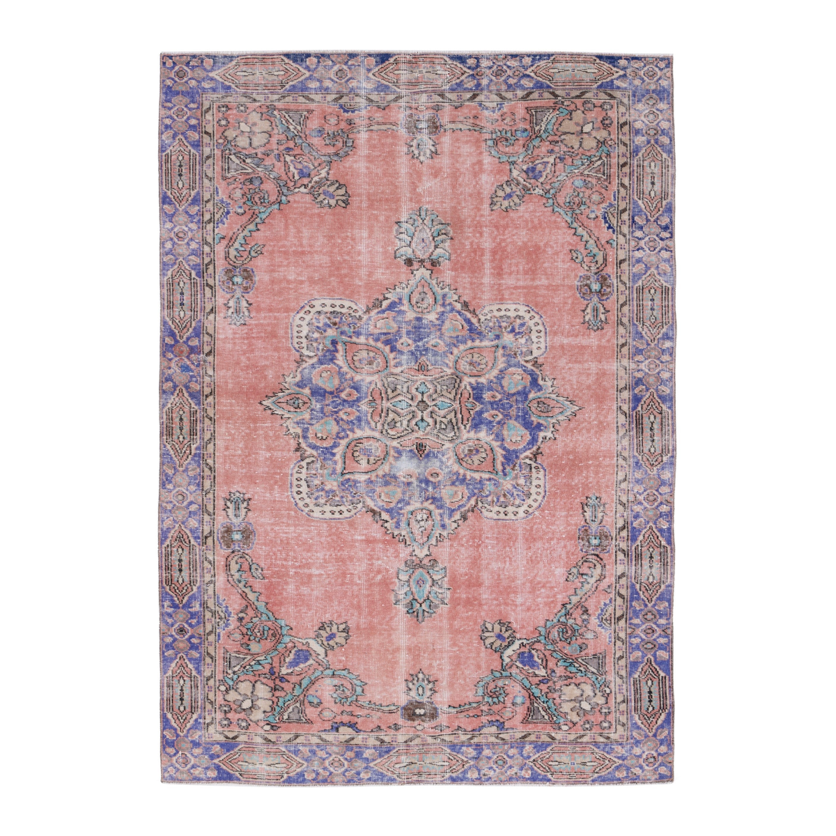 Turkish Isparta area rug in muted pink and slate blue, 5'5" x 7'7"