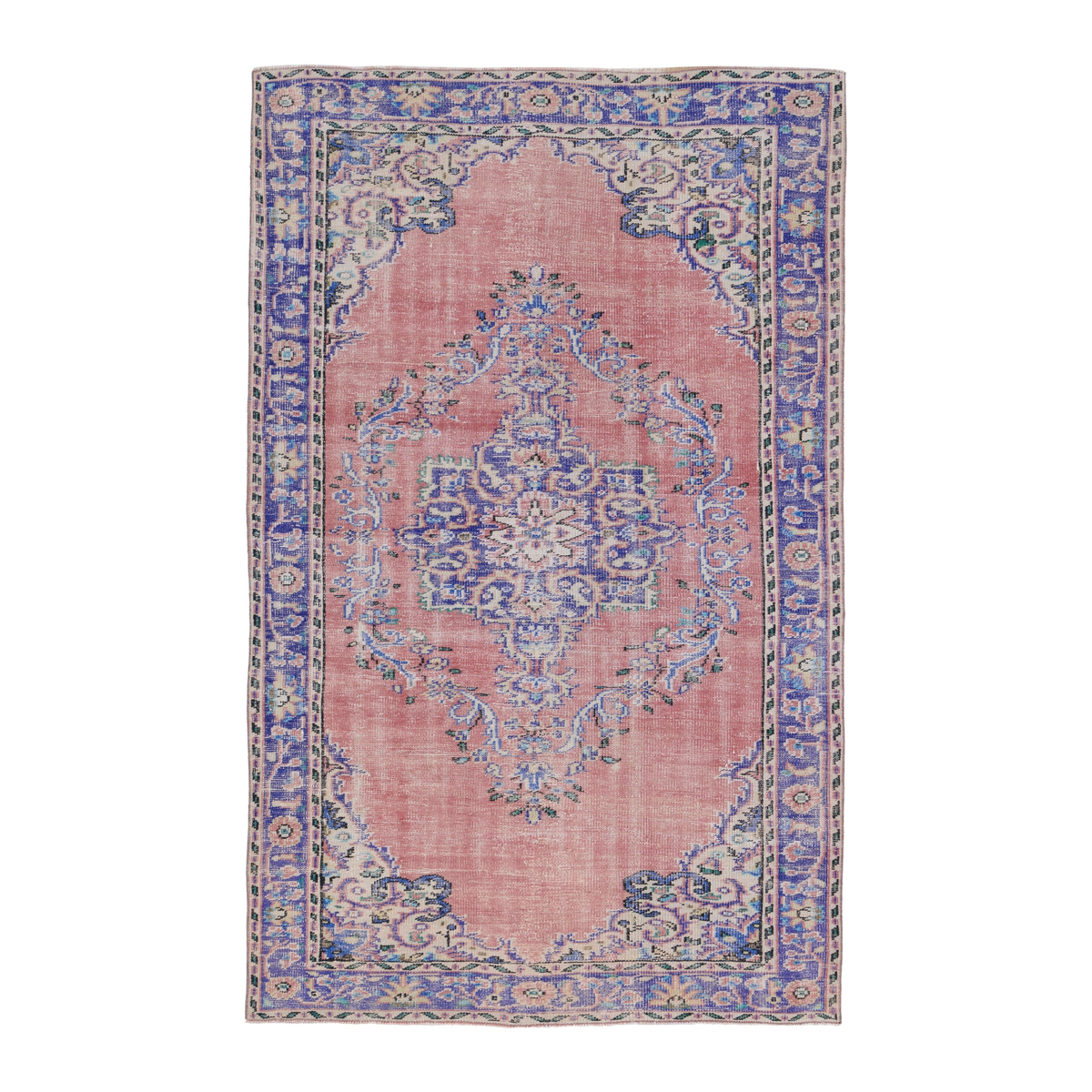 Turkish Manisa area rug in muted pink and slate blue, 5'6" x 8'11"
