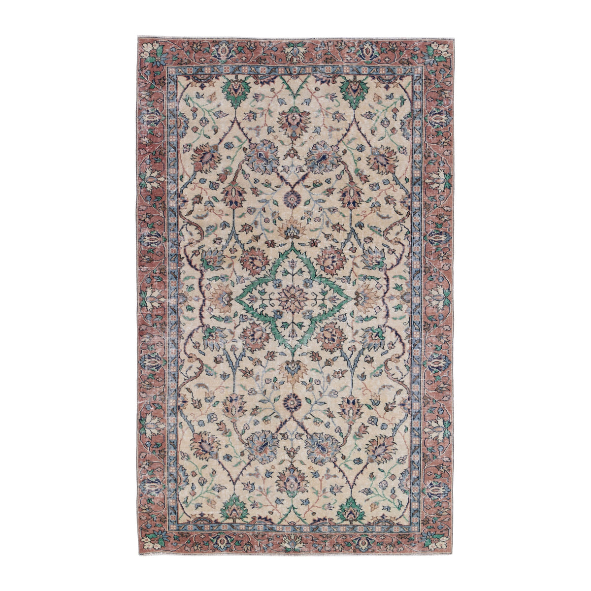 Turkish Isparta area rug in ivory and rose, 4'7" x 7'6"