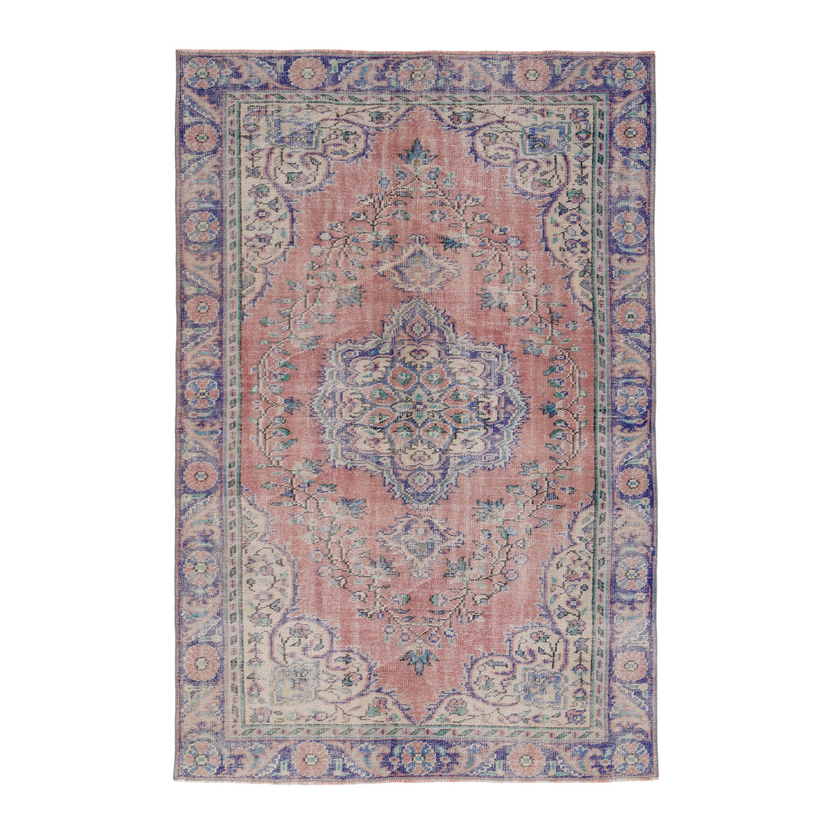 Turkish Manisa area rug in muted pink and navy, 5'7" x 8'4"