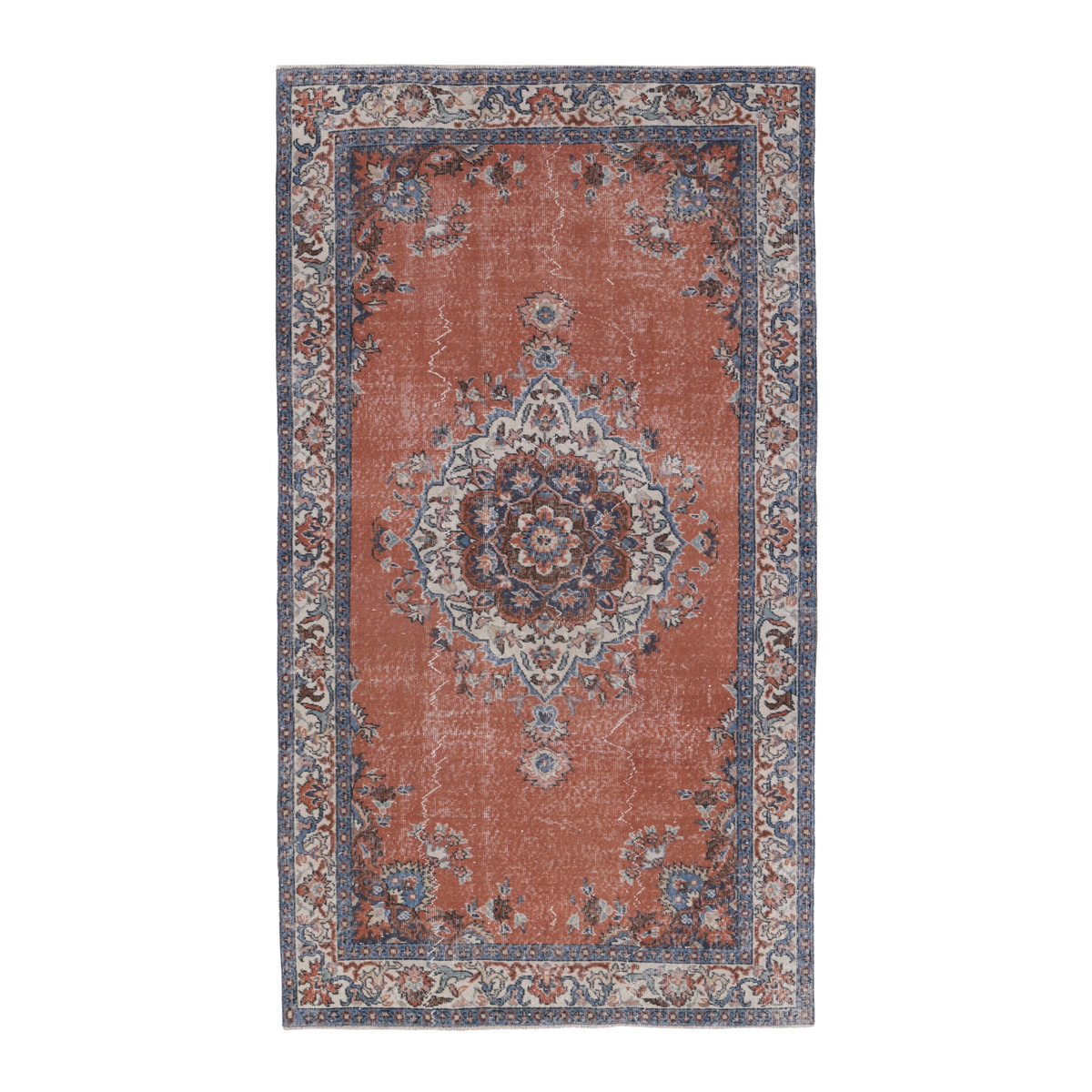 Turkish Isparta area rug in rust and navy, 4'10" x 8'1"