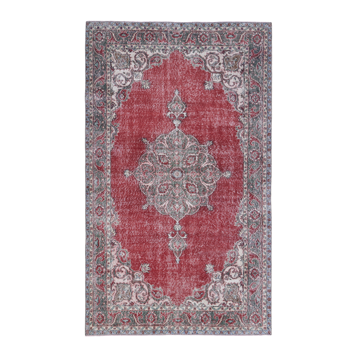 Turkish Isparta area rug in faded red and greige, 5'5" x 8'10"