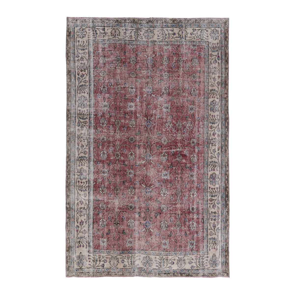 Turkish Isparta area rug in faded red and cream, 5'4" x 8'4"
