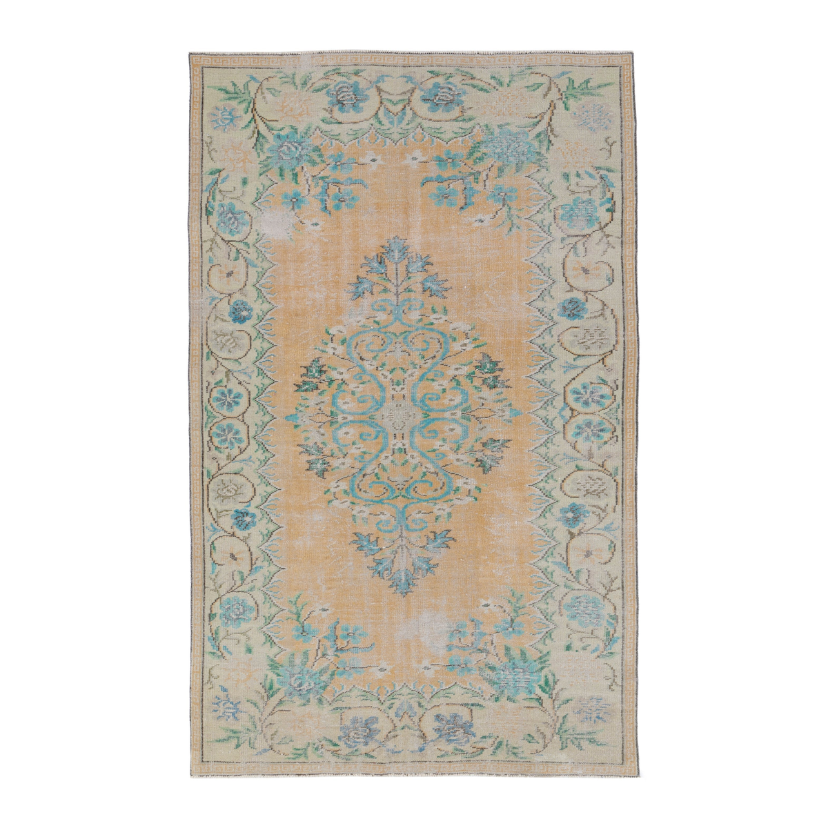Turkish Manisa area rug in tan and celadon, 5'9" x 8'7"