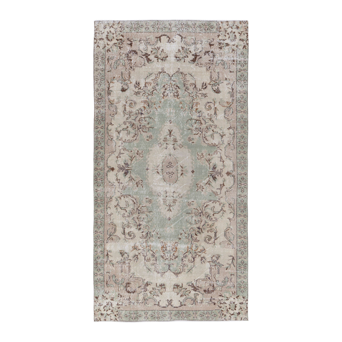Turkish Isparta area rug in sage and muted pink, 4'9" x 8'10"