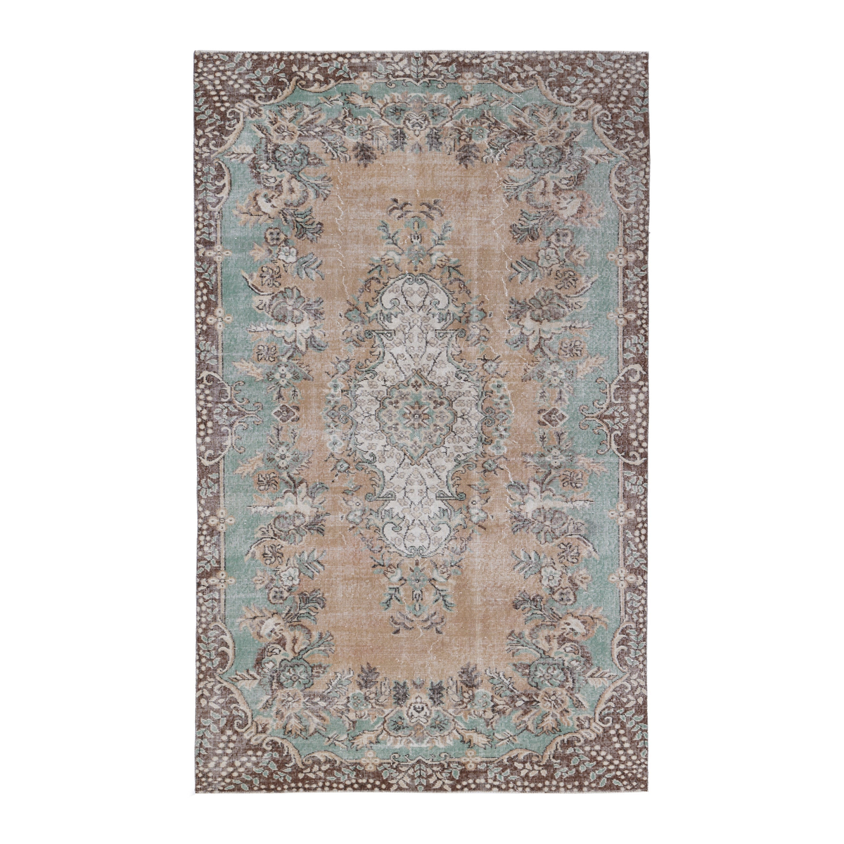 Turkish Isparta area rug in celadon and greige, 5'6" x 9'1"
