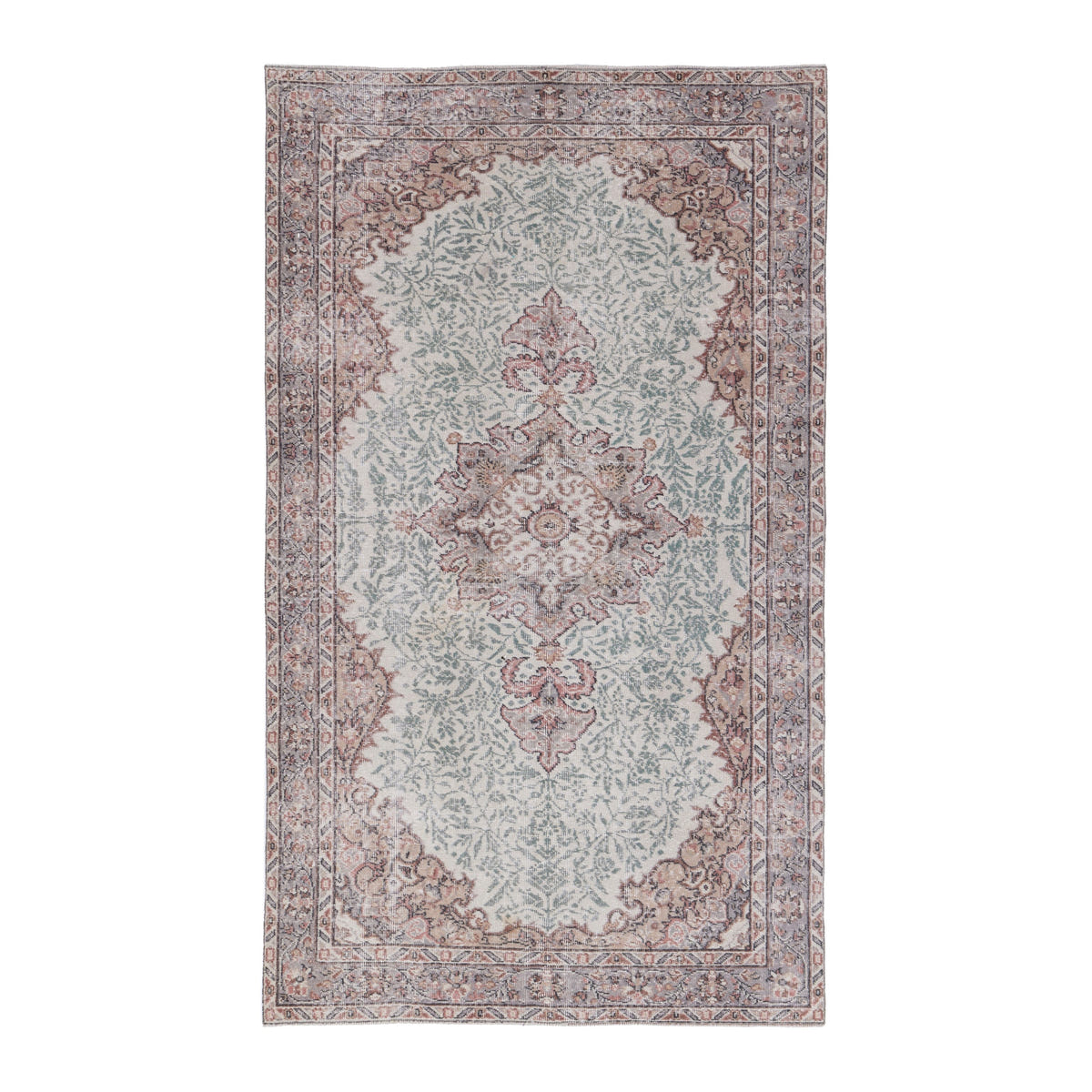 Turkish Isparta area rug in celadon and muted pink, 5'1" x 8'6"
