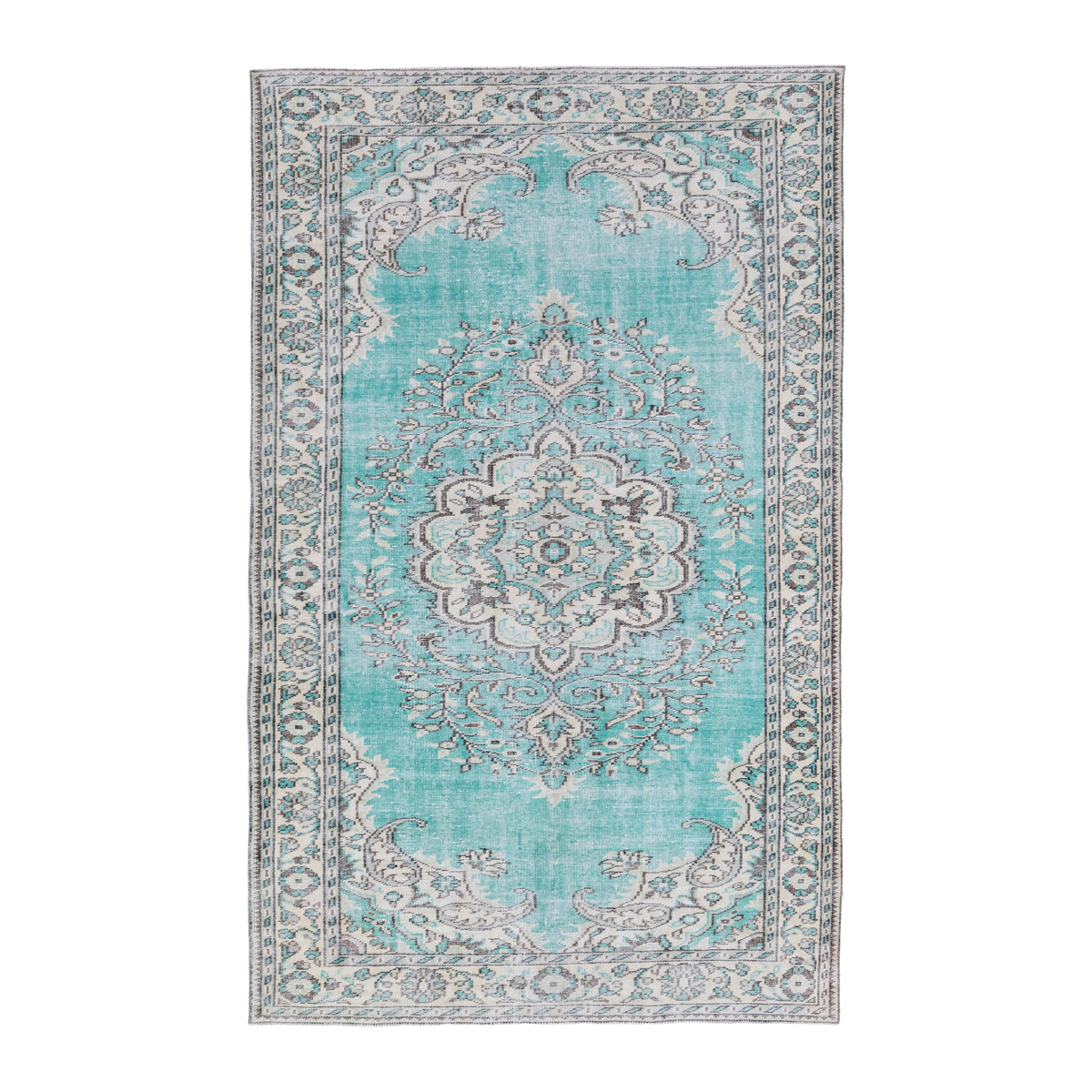 Turkish Manisa area rug in turquoise and cream, 6'1" x 9'10"