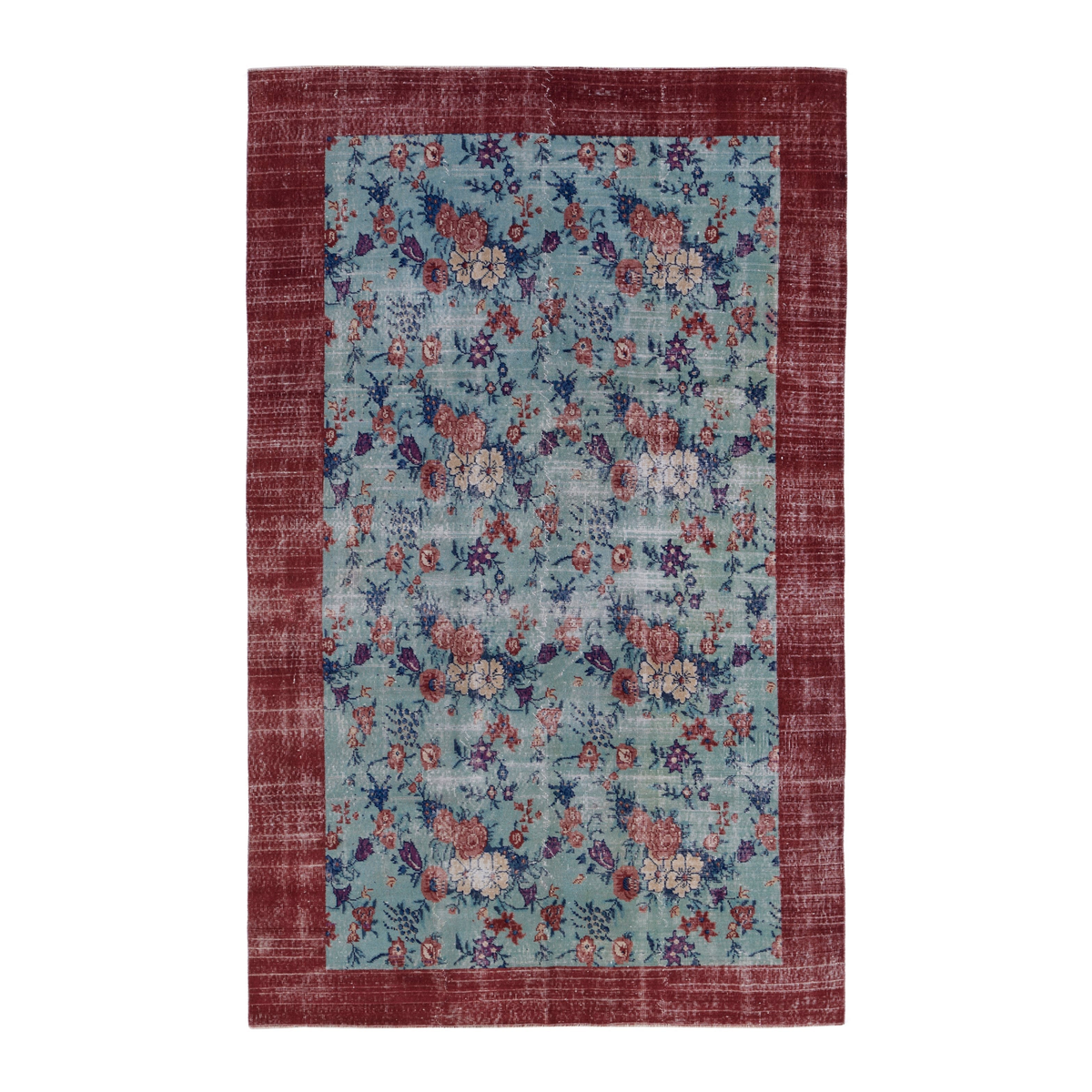 Turkish Isparta area rug in powder blue and burgundy, 5'10" x 8'8"