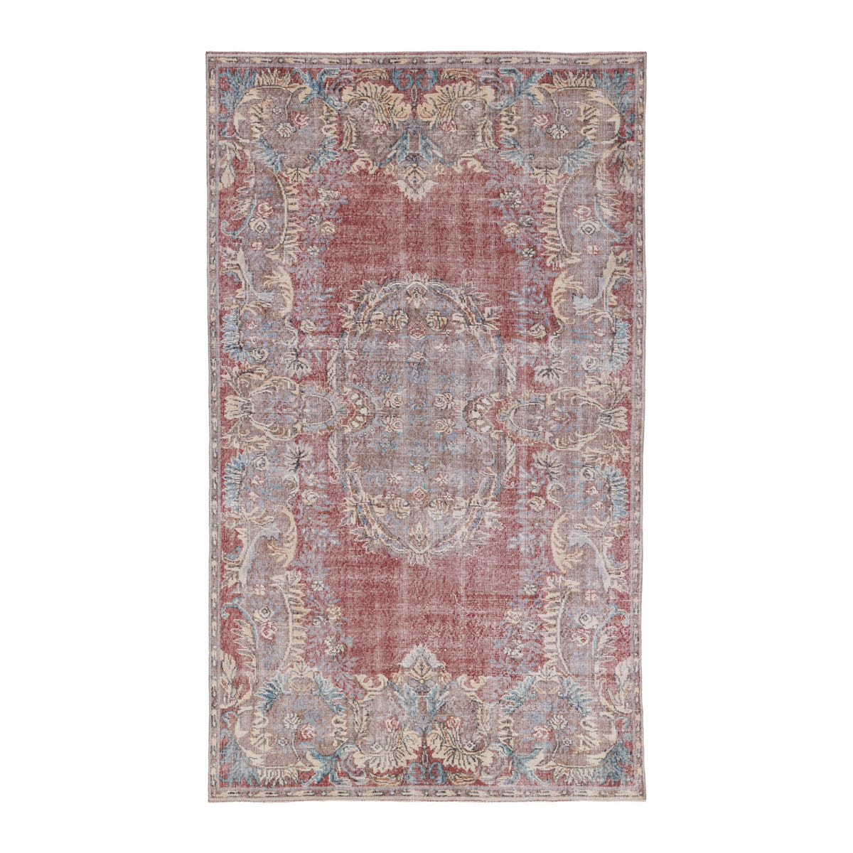 Turkish Isparta area rug in faded red and muted pink, 5'9" x 10'