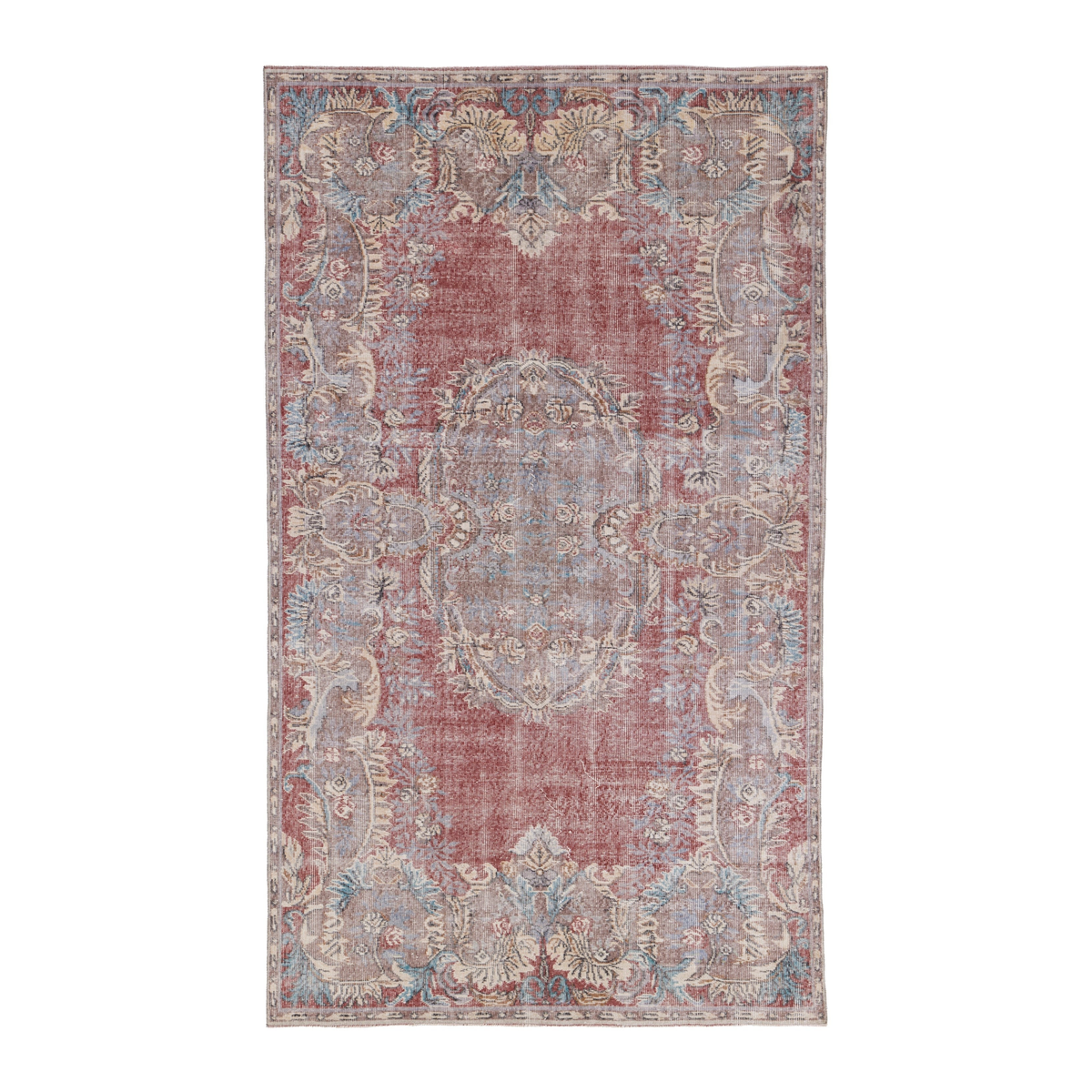 Turkish Isparta area rug in faded red and muted pink, 5'9" x 10'