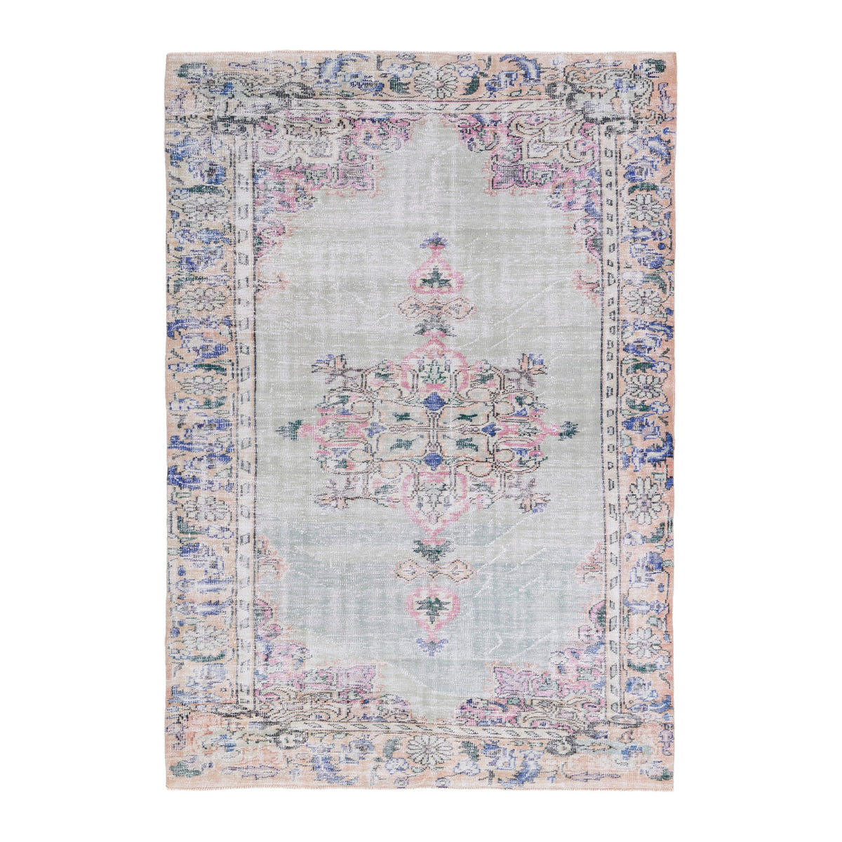 Turkish Manisa area rug in stone and denim, 6'3" x 8'11"