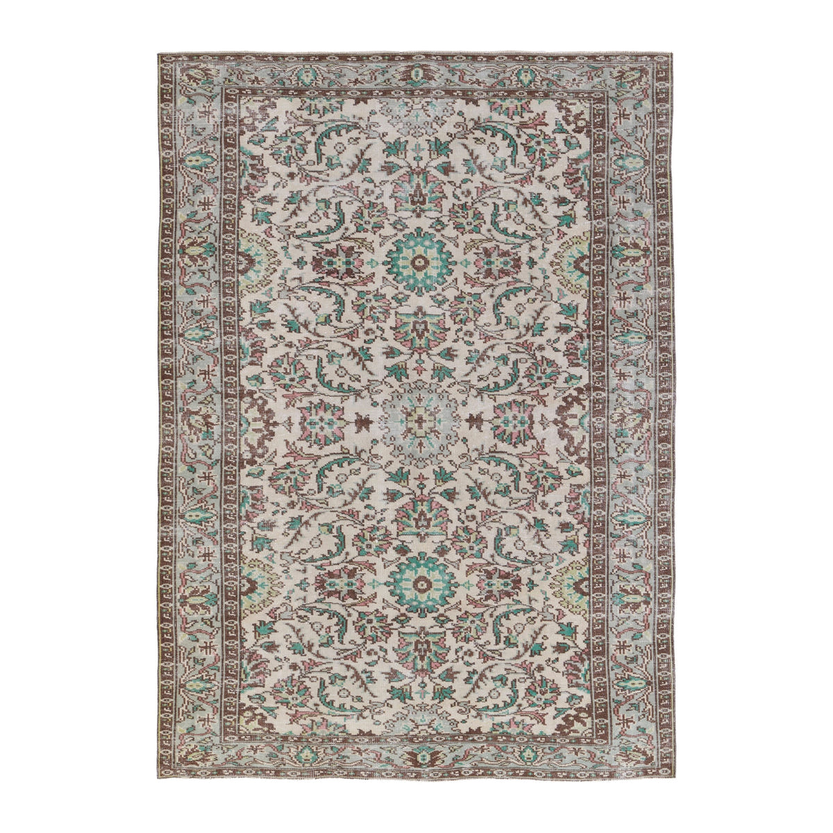 Turkish Manisa area rug in cream and teal, 6'4" x 8'10"