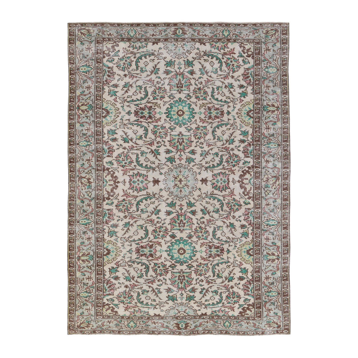 Turkish Manisa area rug in cream and teal, 6'4" x 8'10"