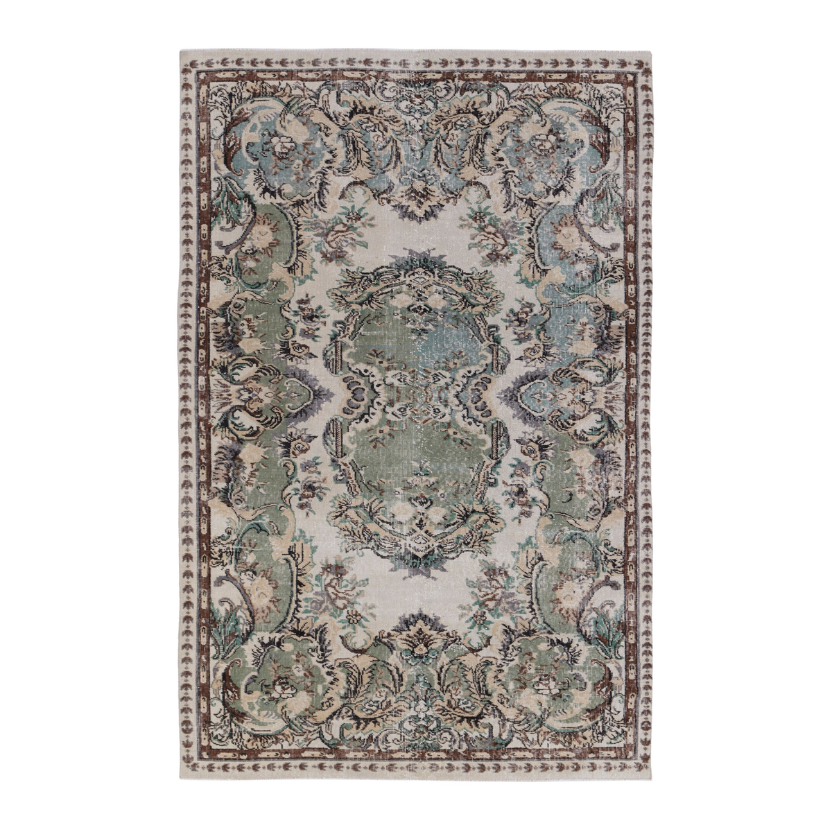 Turkish Isparta area rug in cream and sage, 5'6" x 8'4"