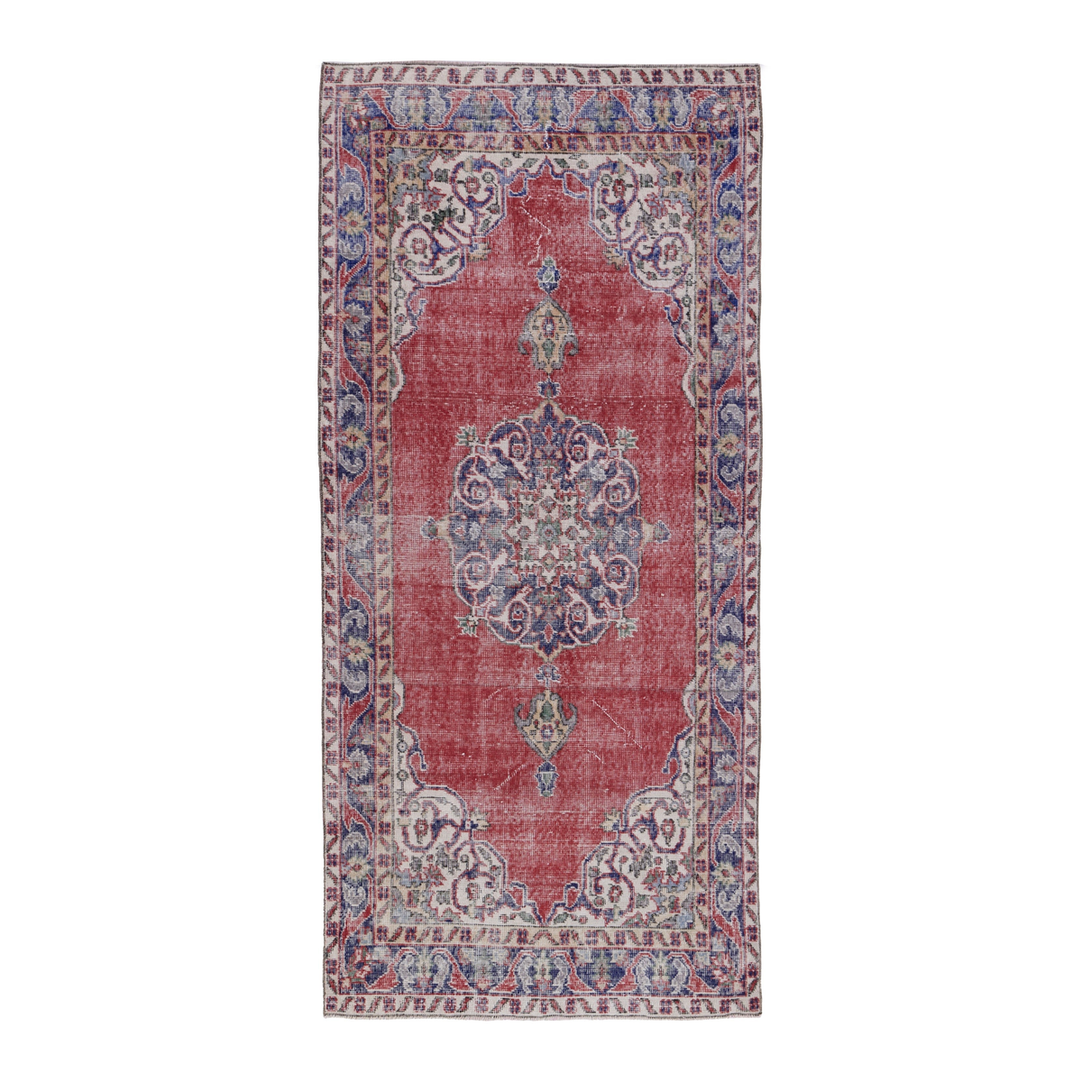 Turkish Isparta runner rug in faded red and navy, 3'7" x 7'10"