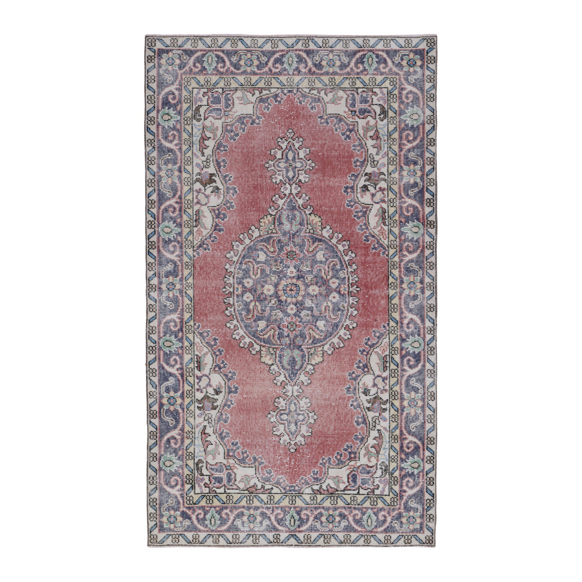 Turkish Isparta area rug in dusty rose and slate blue, 3'10" x 6'9"