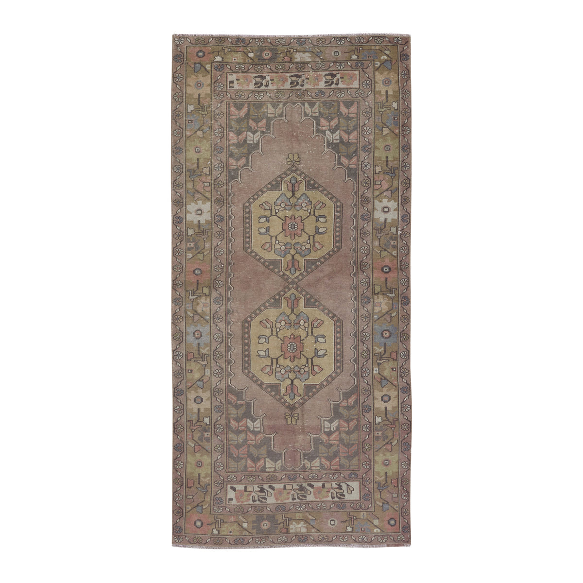 Turkish Anatolian runner rug in dusty rose and khaki, 3'8" x 8'