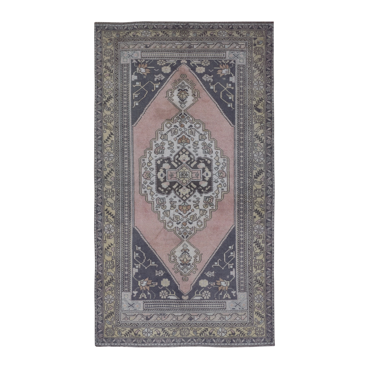 Turkish Anatolian area rug in navy and muted pink, 4'4" x 8'1"