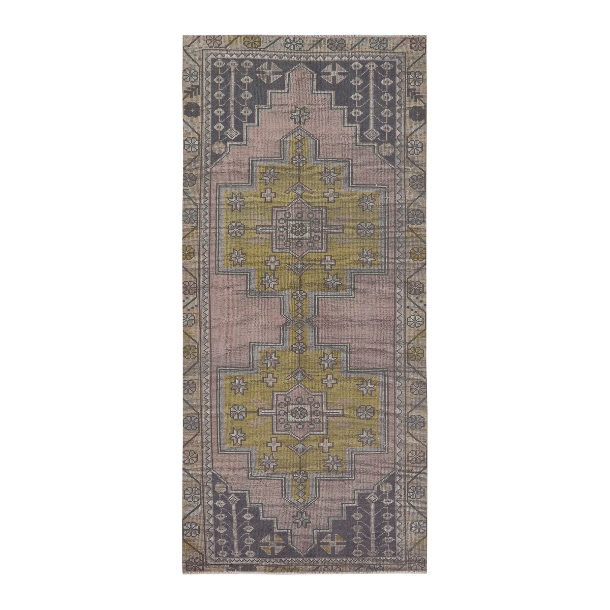 Turkish Anatolian runner rug in muted pink and muted yellow, 3'11" x 8'9"