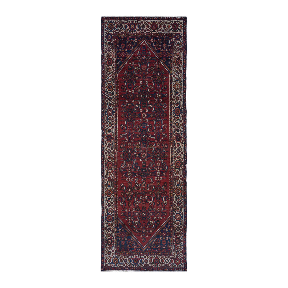Persian Hamedan runner rug in deep red and cream, 3'5" x 10'2"