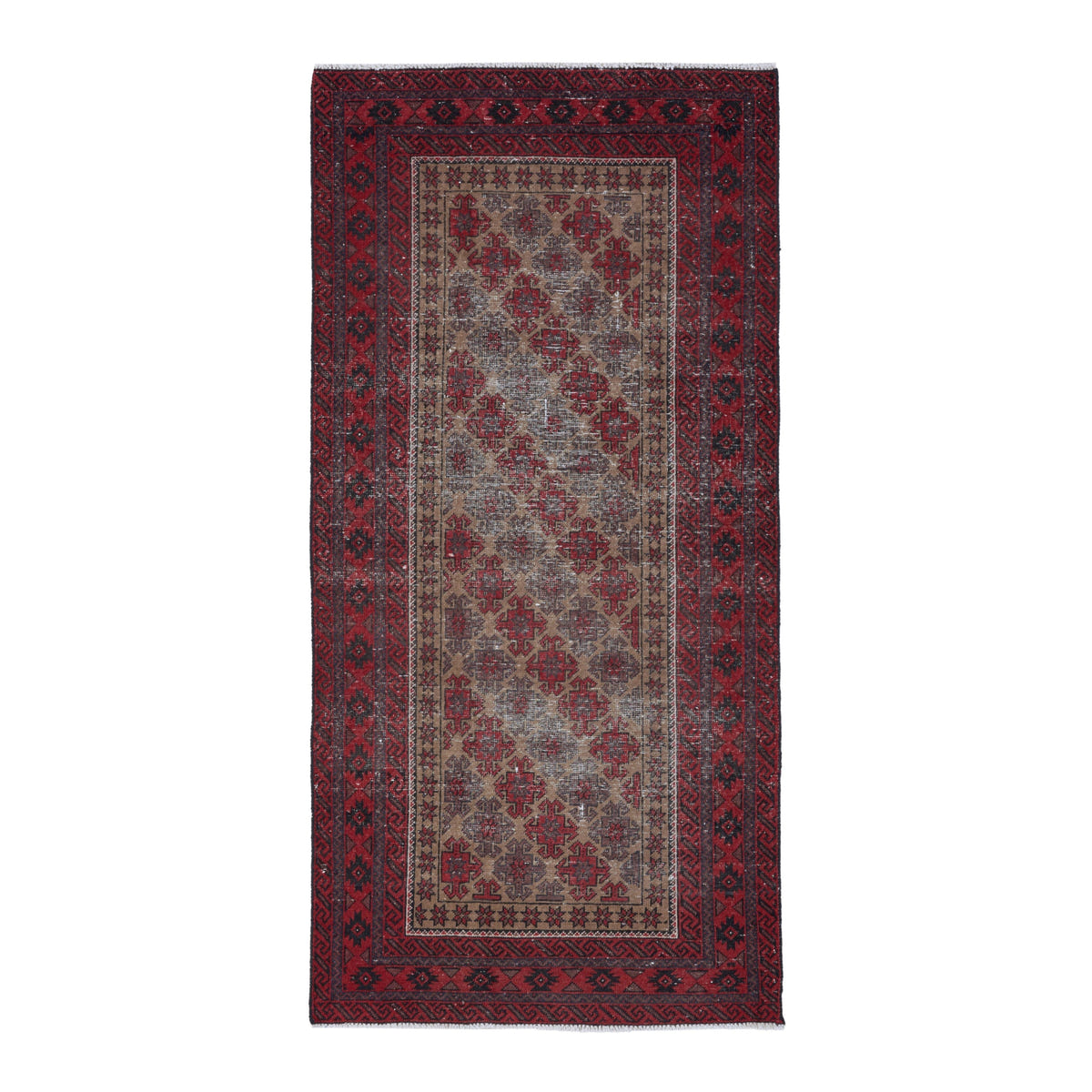 Persian Baluch runner rug in burgundy and stone, 3'2" x 6'8"