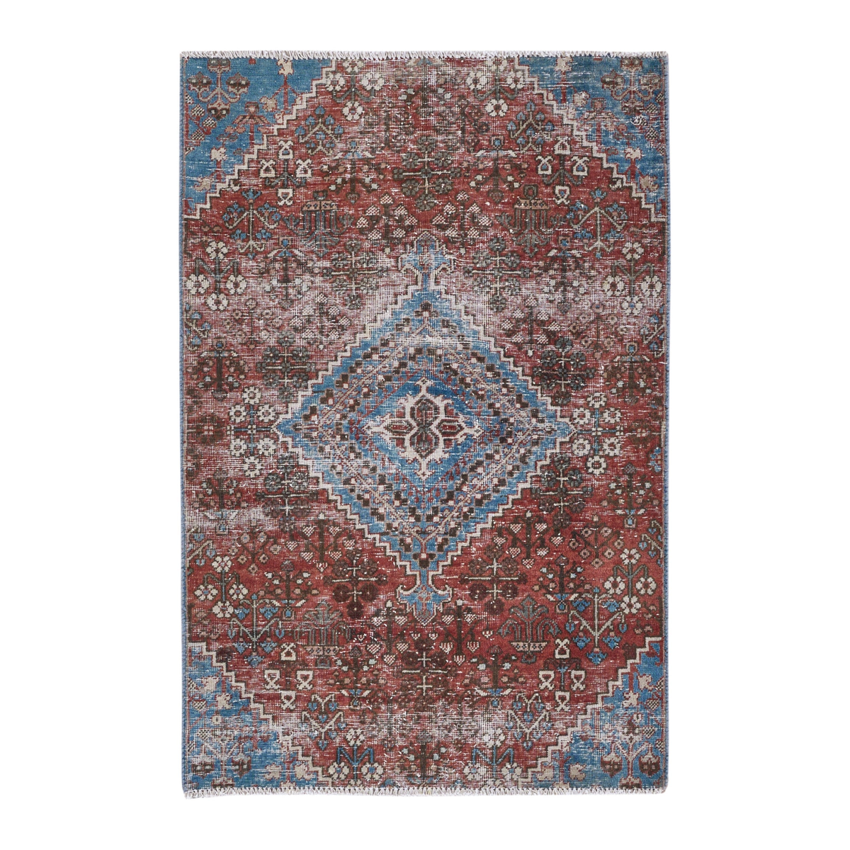 Persian Joshaghan accent rug in brick and denim, 3' x 4'6"