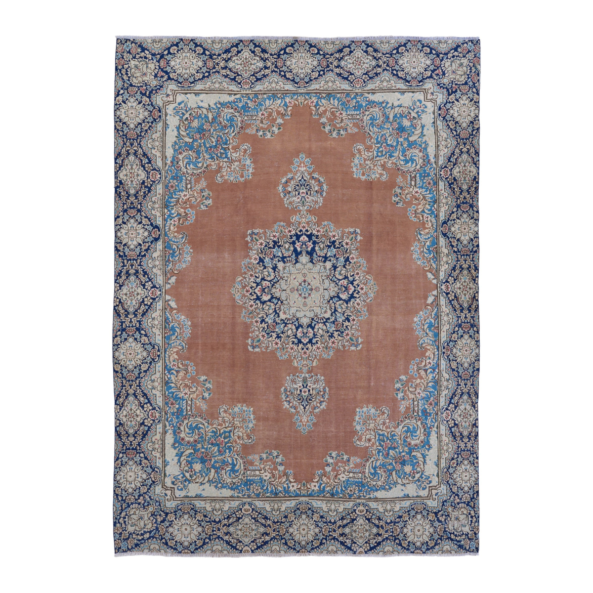 Persian Kerman oversized rug in terracotta and navy, 8'11" x 12'7"