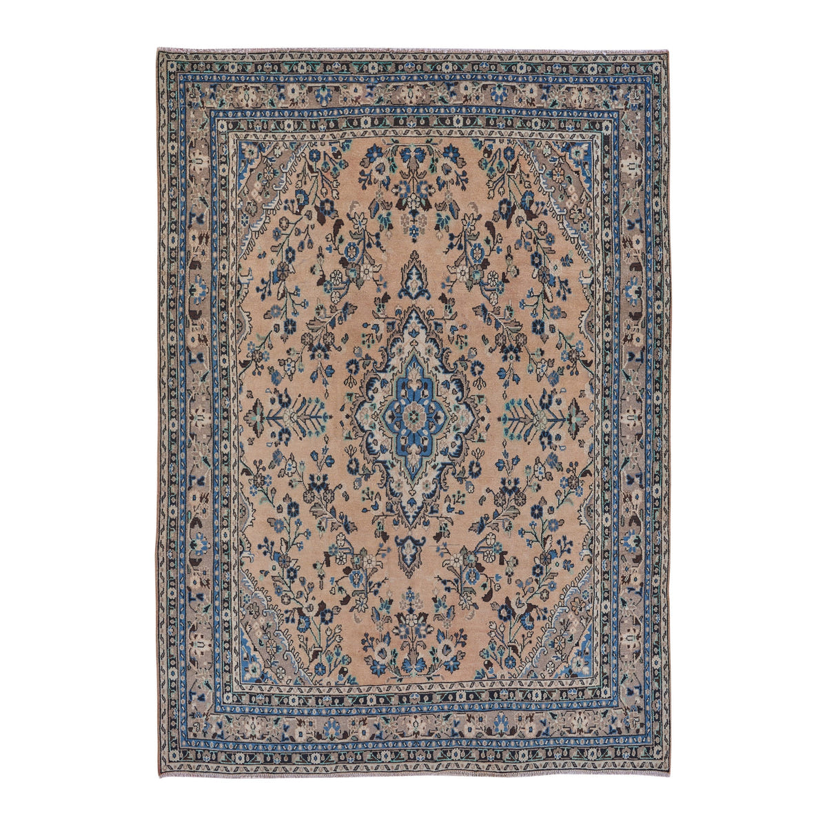 Persian Hamedan oversized rug in tan and denim, 8'5" x 11'4"