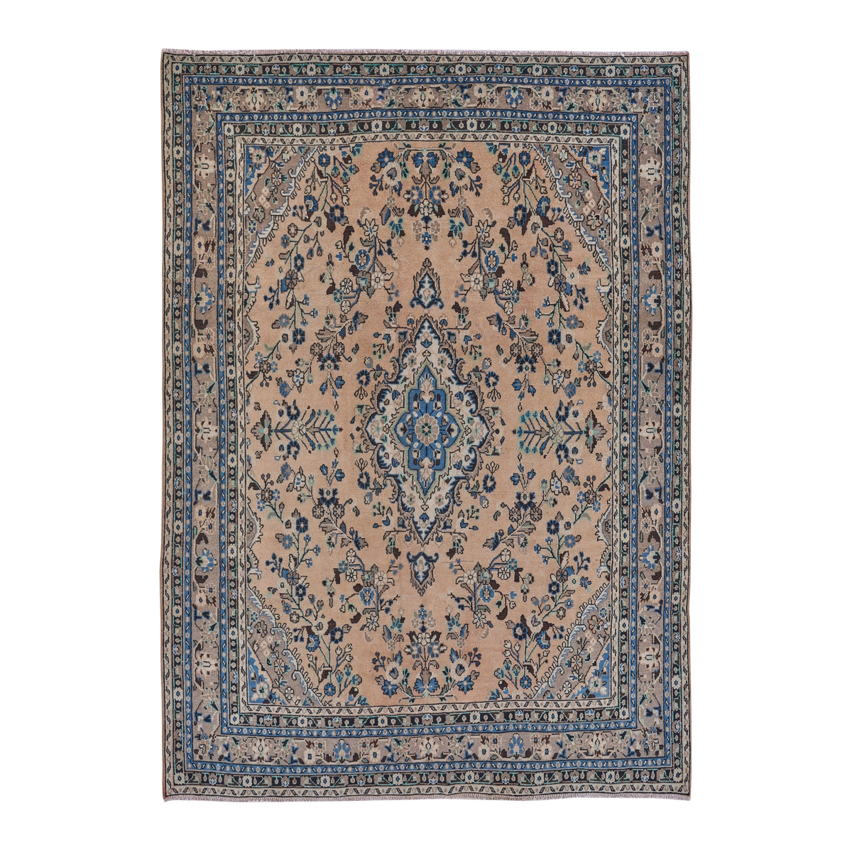 Persian Hamedan oversized rug in tan and denim, 8'5" x 11'4"