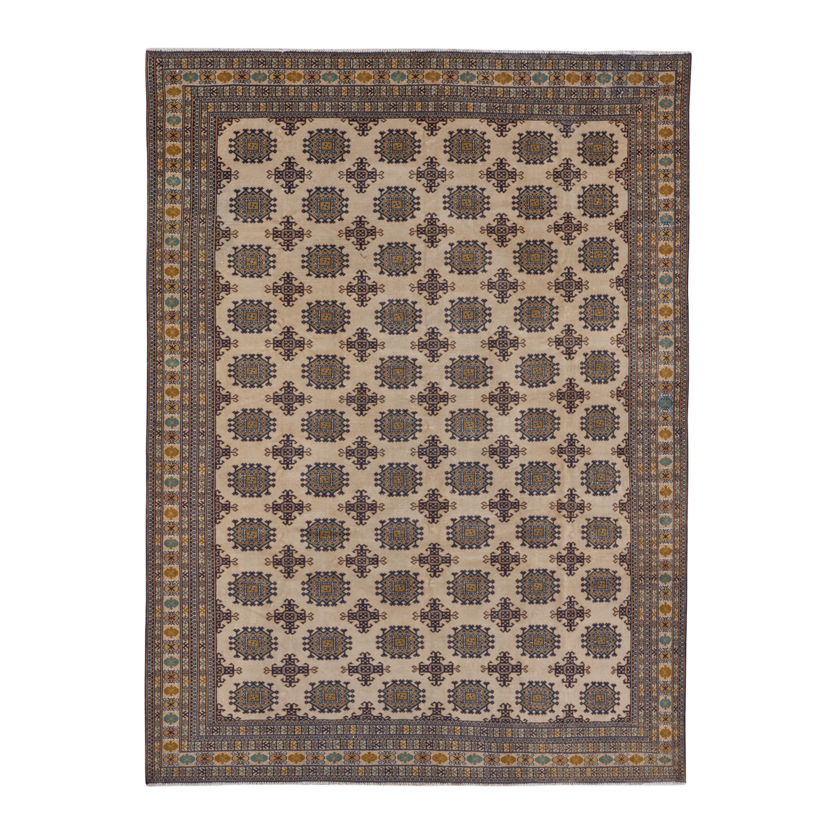 Persian Torkaman area rug in cream and navy, 6'11" x 9'7"