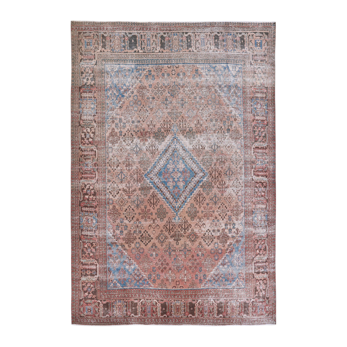 Persian Joshaghan area rug in terracotta and denim, 6'10" x 10'