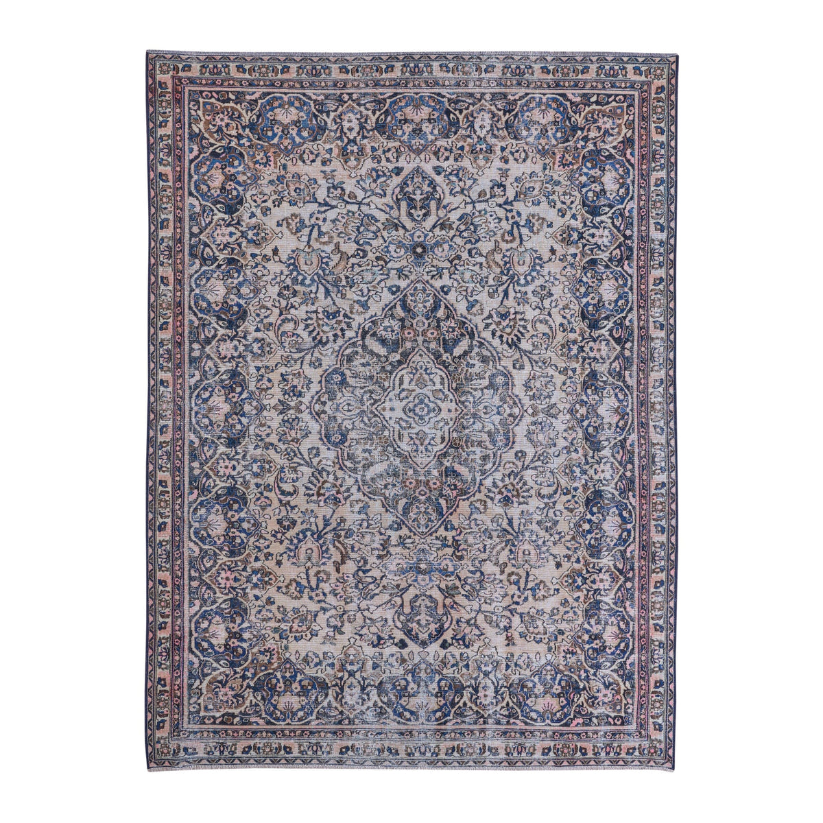 Persian Mashhad oversized rug in cream and navy, 7'10" x 10'11"