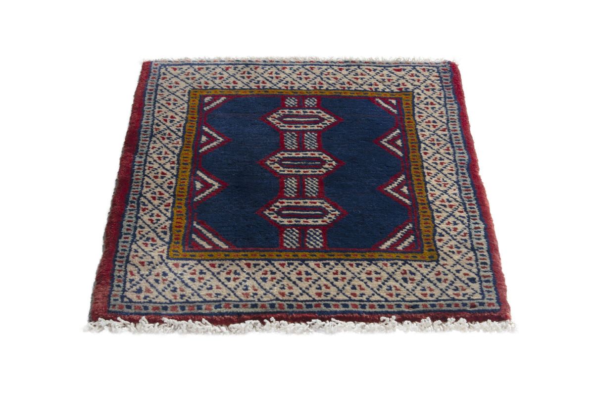 Persian Torkaman accent rug in navy and cream, view 3 of 10