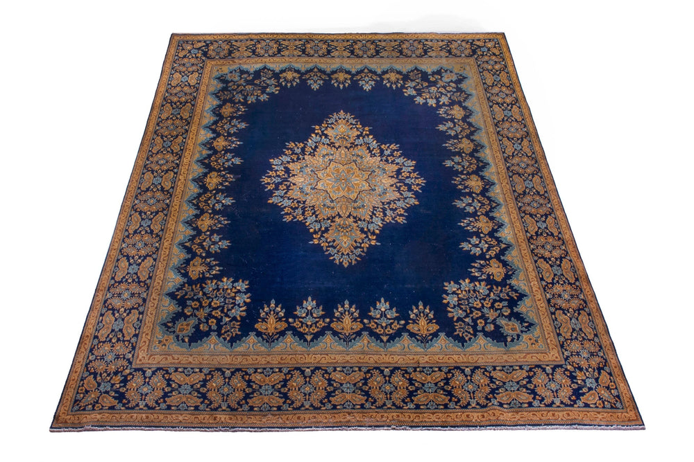 Persian Kerman oversized rug in navy and antique gold