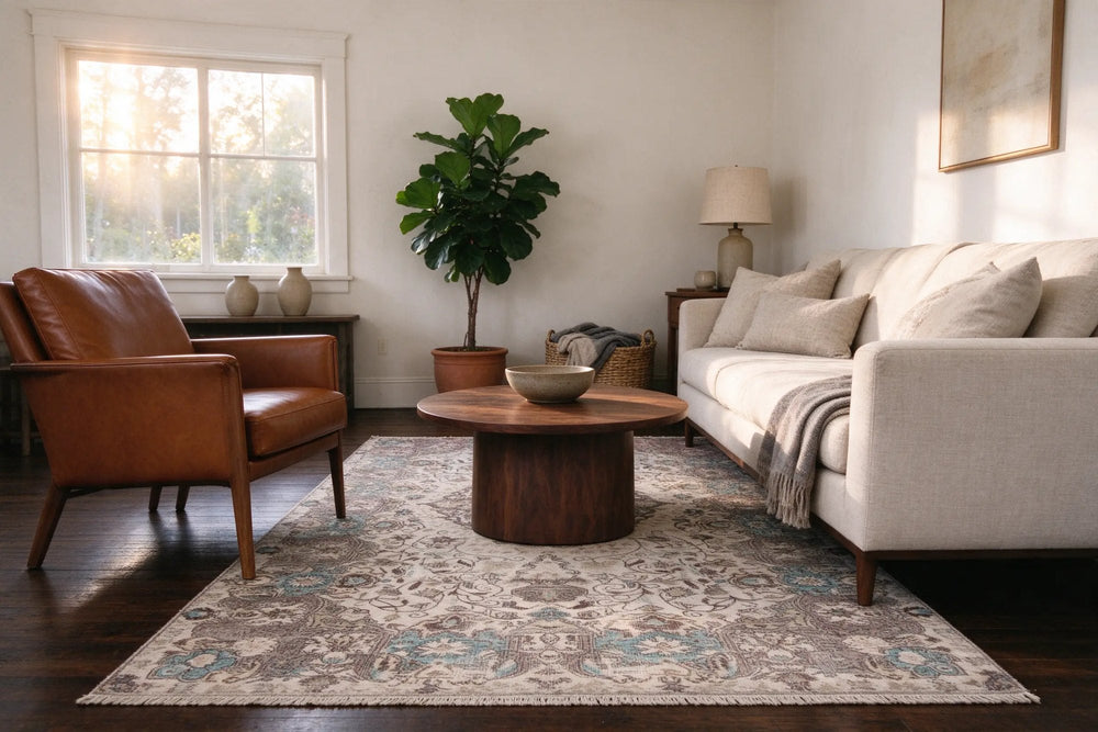 Living room on dark oak, a cream Isparta rug under the front legs of a linen sofa and a leather armchair, with a walnut table