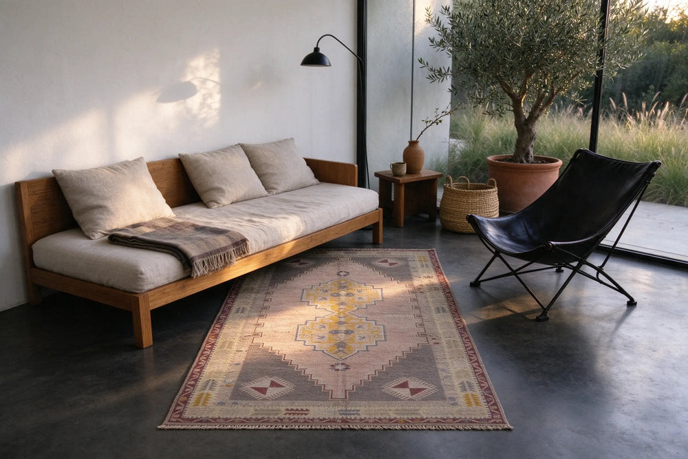 A small faded Anatolian rug with a mustard medallion on dark concrete before a linen daybed, with a sling chair and an olive tree.