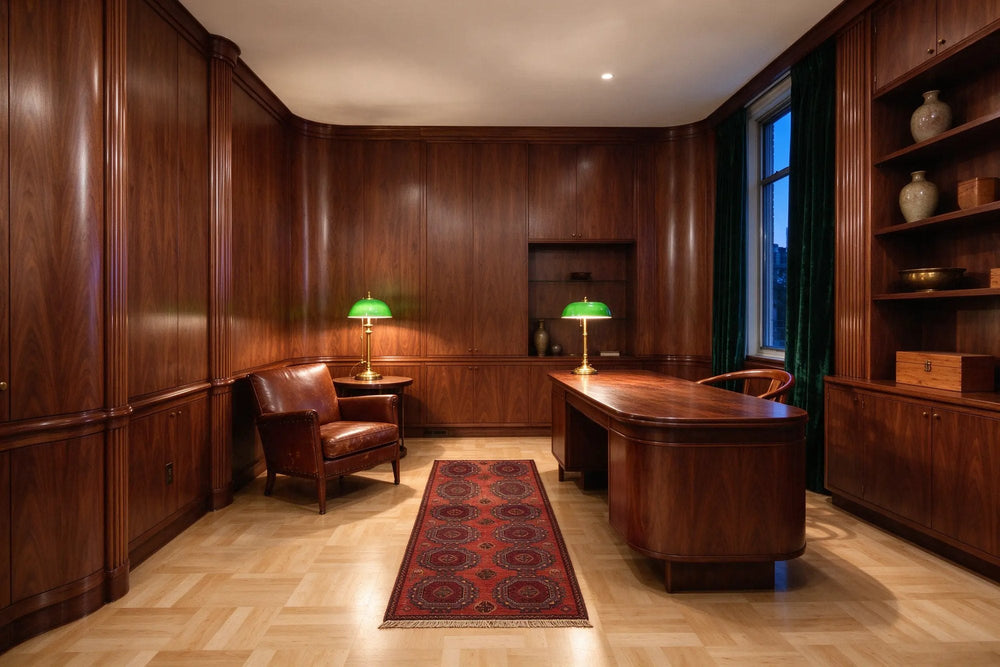 Art Deco study paneled in walnut, a deep red rug with rows of guls on maple parquet beside a curved desk and leather club chair
