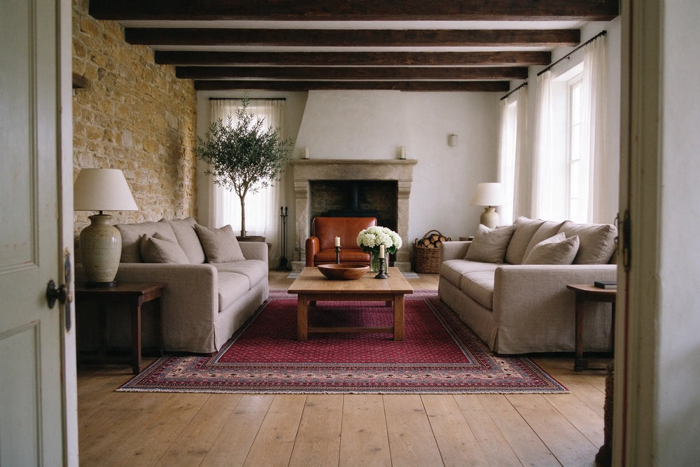 Stone farmhouse living room seen through a doorway, a deep red Arak rug with an all-over pattern under two linen sofas and an oak table