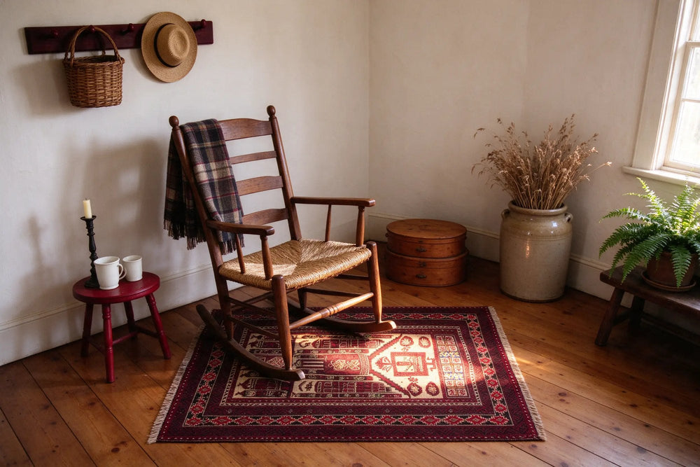 Shaker sitting room corner, a small deep red Baluch rug with a cream center panel under a ladder-back rocking chair, late sun on pine boards