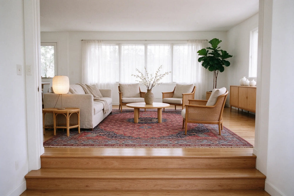 Bright split-level living room seen from oak steps, linen sofa and cane armchairs on a large rust red and slate blue rug