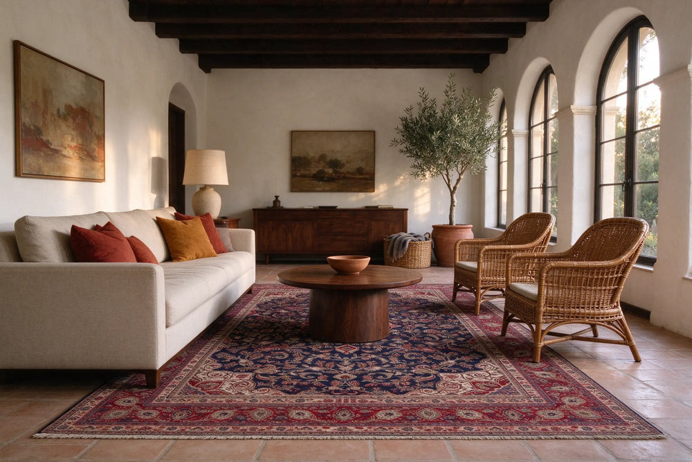 Spanish revival living room with arched windows, a navy and red Persian rug under a linen sofa’s front legs, rattan armchairs, walnut table